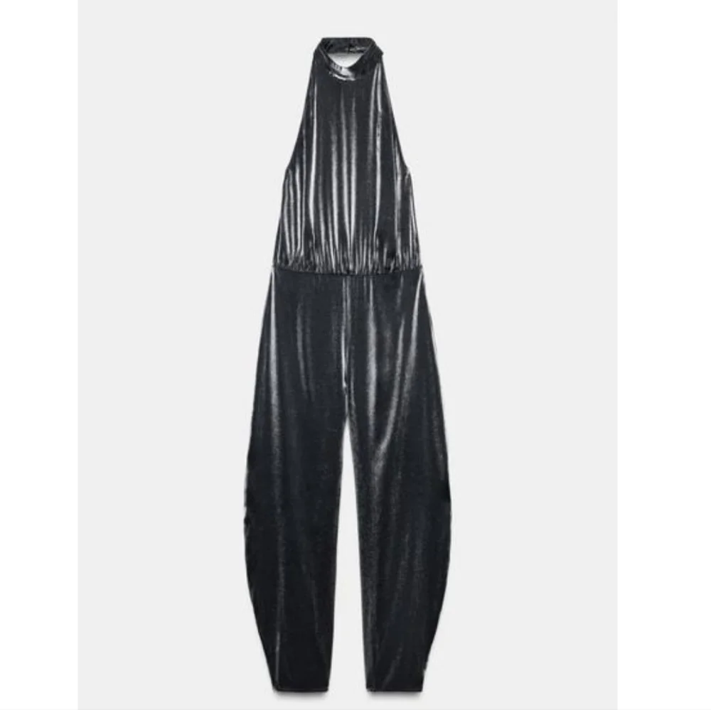 Zara Balloon Metallic Silver Gray Jumpsuit Size M